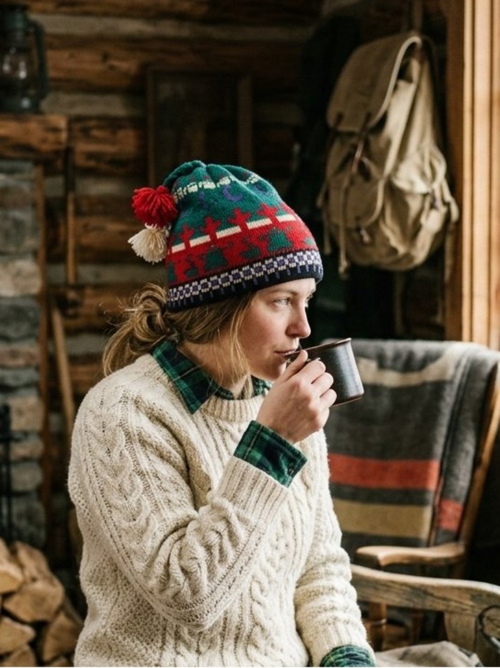 Vintage Wool Handmade Beanie Knit Pom Hat Campcore Gorpcore Cabin